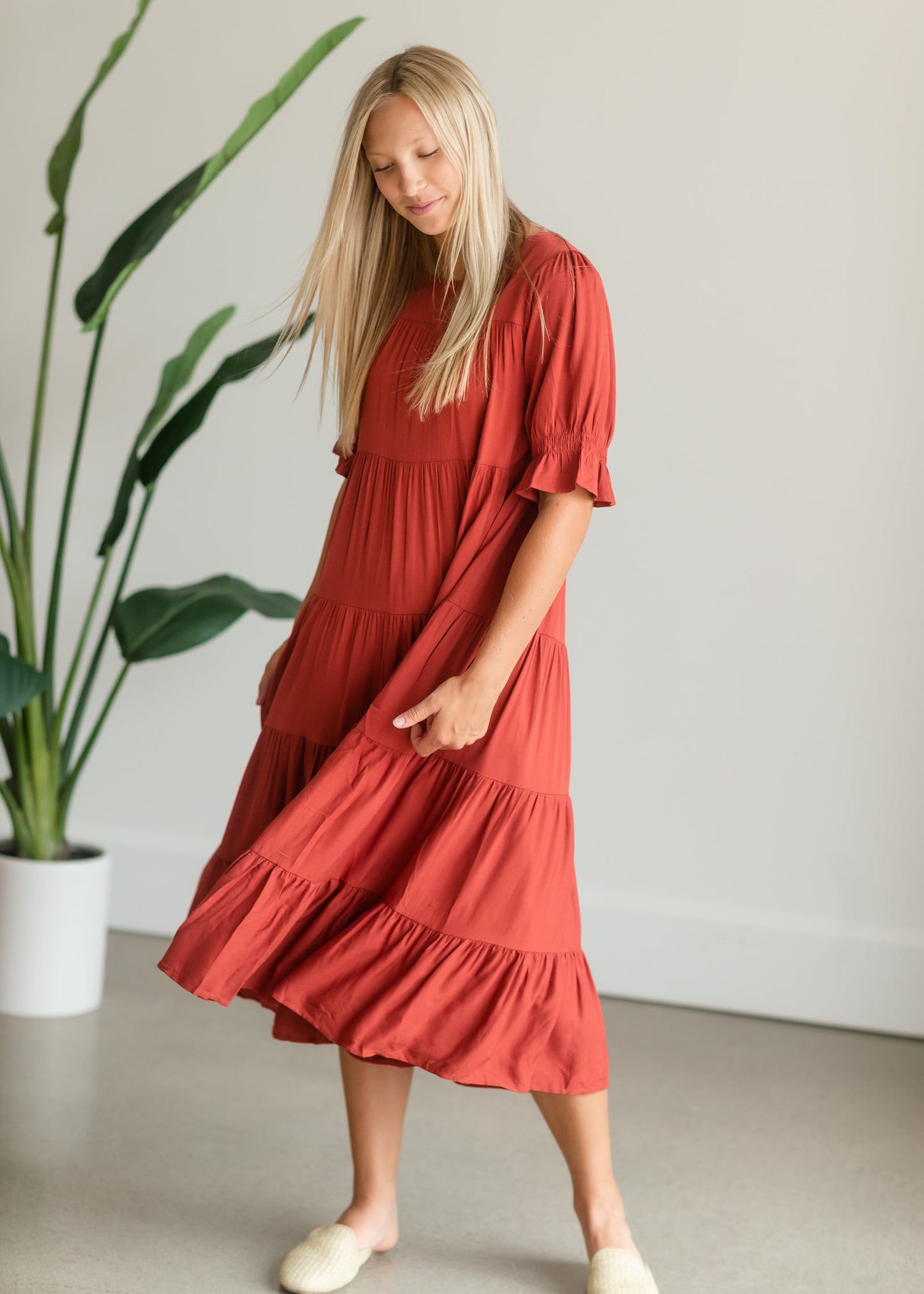 Red Smocked Sleeve Tiered Midi Dress Dresses