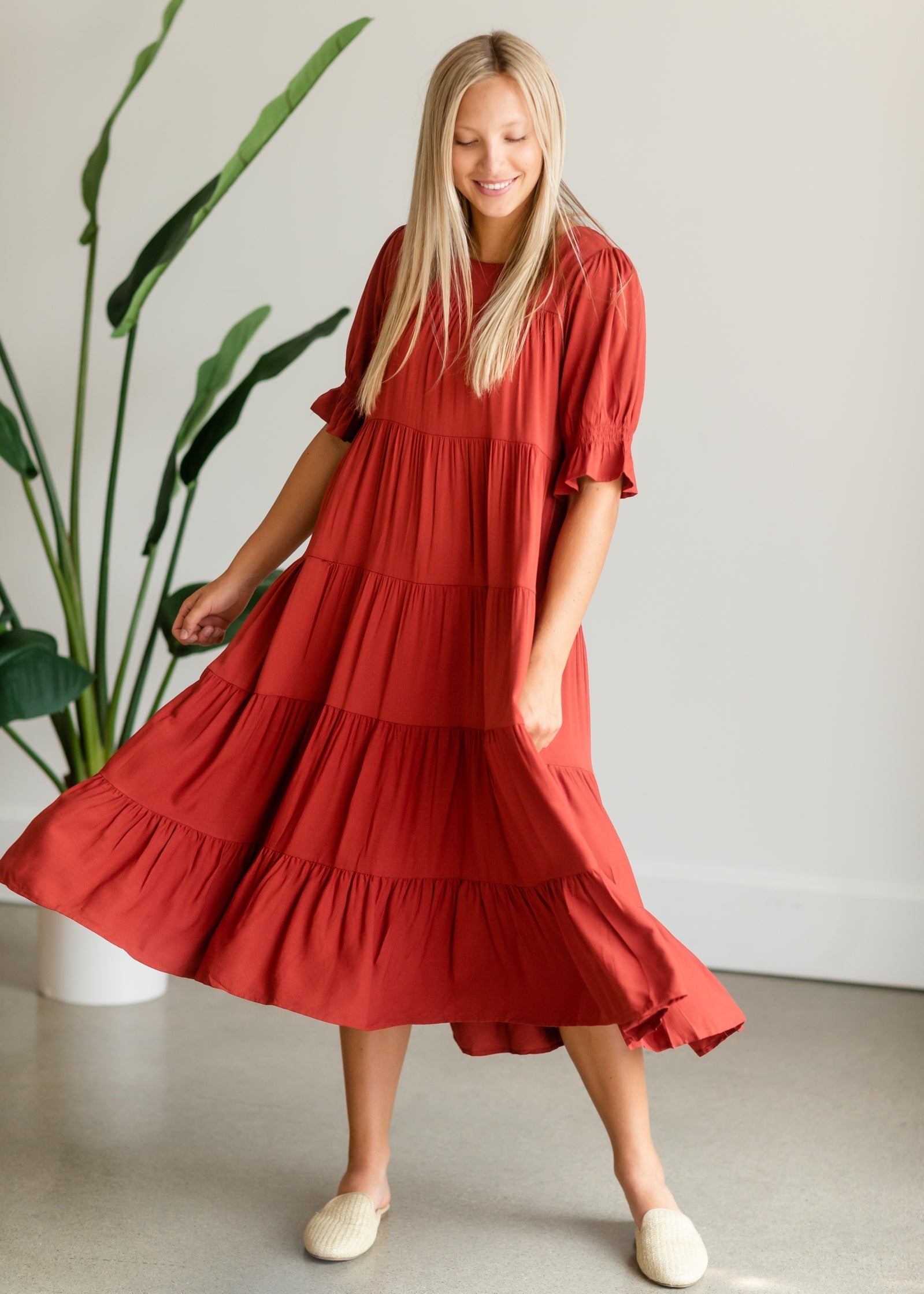 Red Smocked Sleeve Tiered Midi Dress Dresses