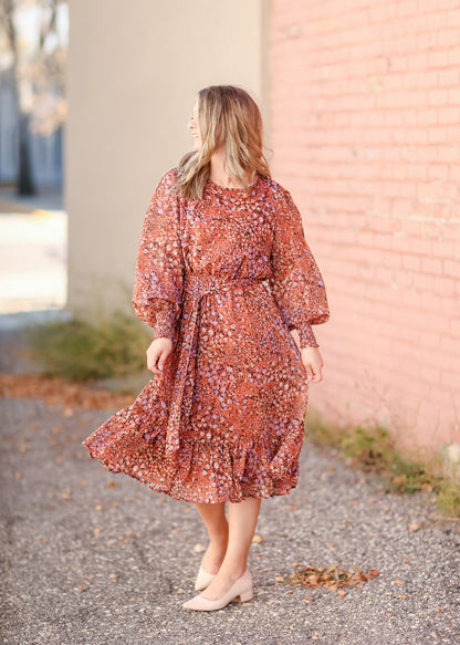 Relaxed Fit + Flare Ruffle Balloon Sleeve Midi Dress Dresses Orange Creek