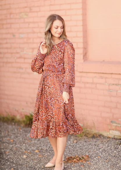 Relaxed Fit + Flare Ruffle Balloon Sleeve Midi Dress Dresses Orange Creek