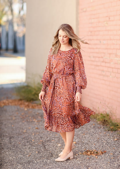 Relaxed Fit + Flare Ruffle Balloon Sleeve Midi Dress Dresses Orange Creek