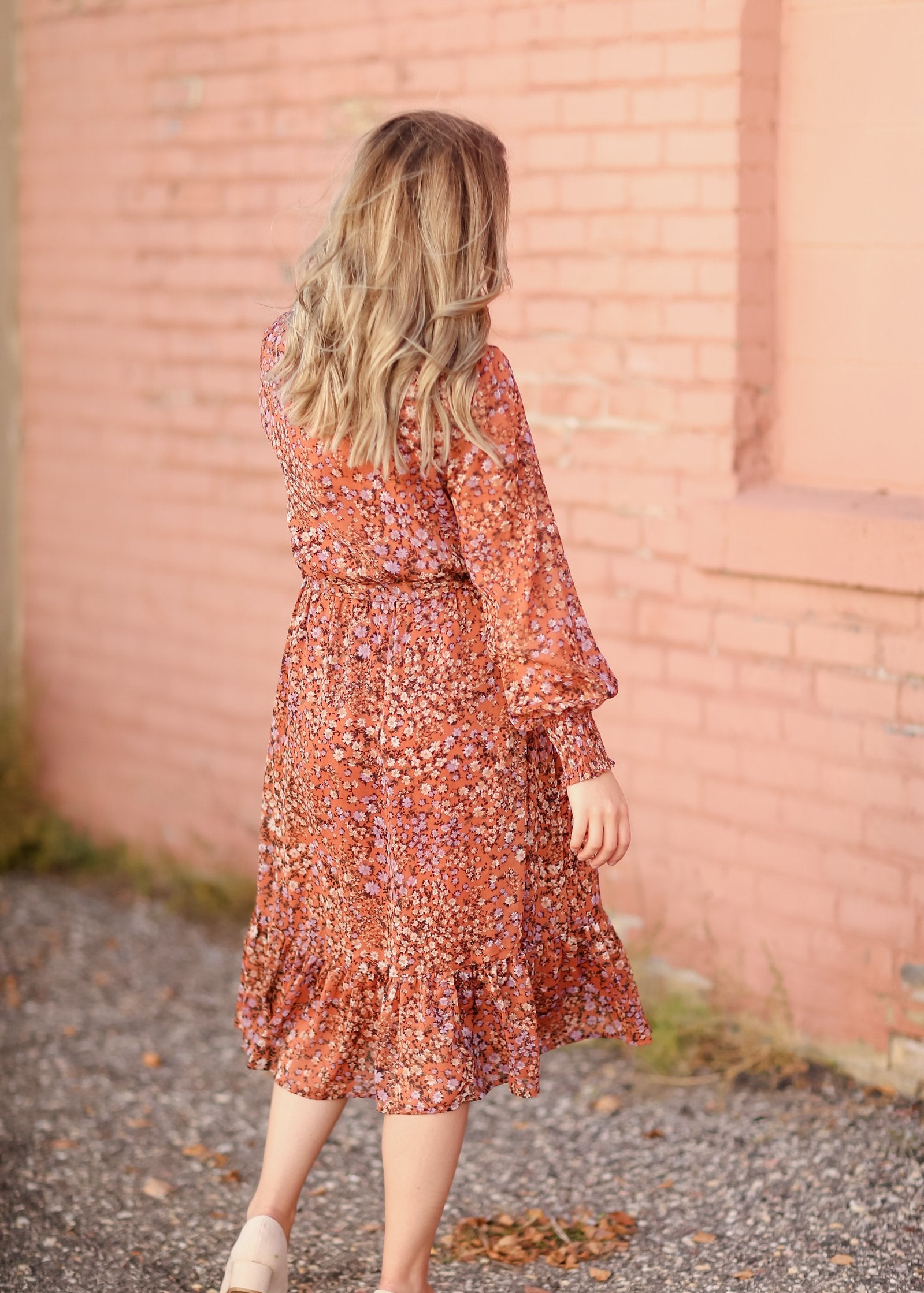 Relaxed Fit + Flare Ruffle Balloon Sleeve Midi Dress Dresses Orange Creek