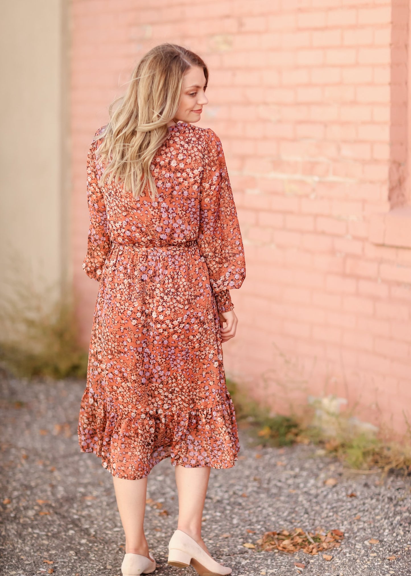 Relaxed Fit + Flare Ruffle Balloon Sleeve Midi Dress Dresses Orange Creek