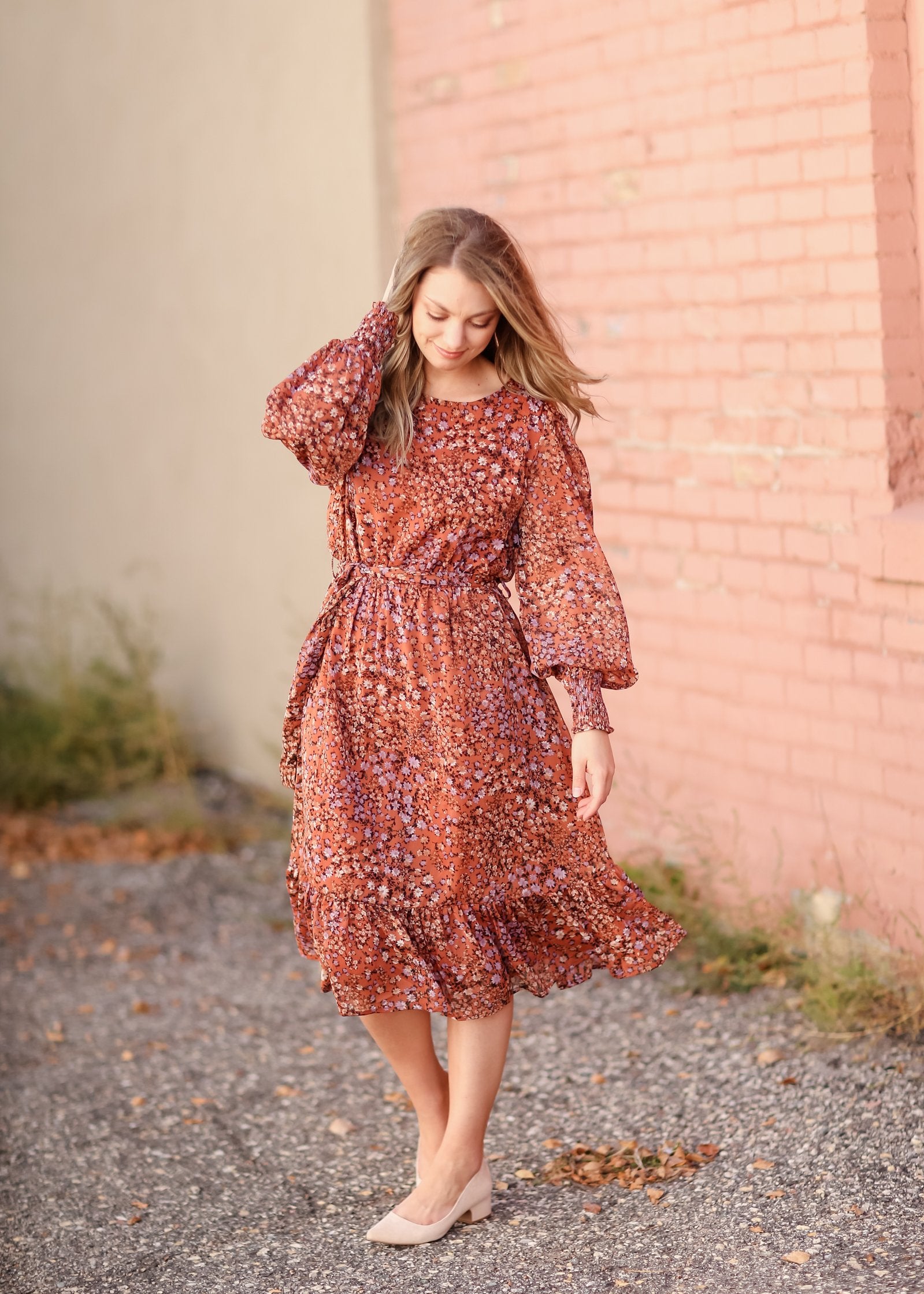 Relaxed Fit + Flare Ruffle Balloon Sleeve Midi Dress Dresses Orange Creek