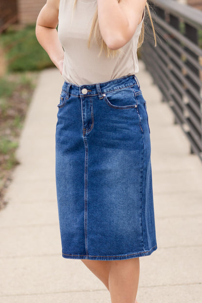 Remi Dark Wash Denim Midi Skirt Skirts