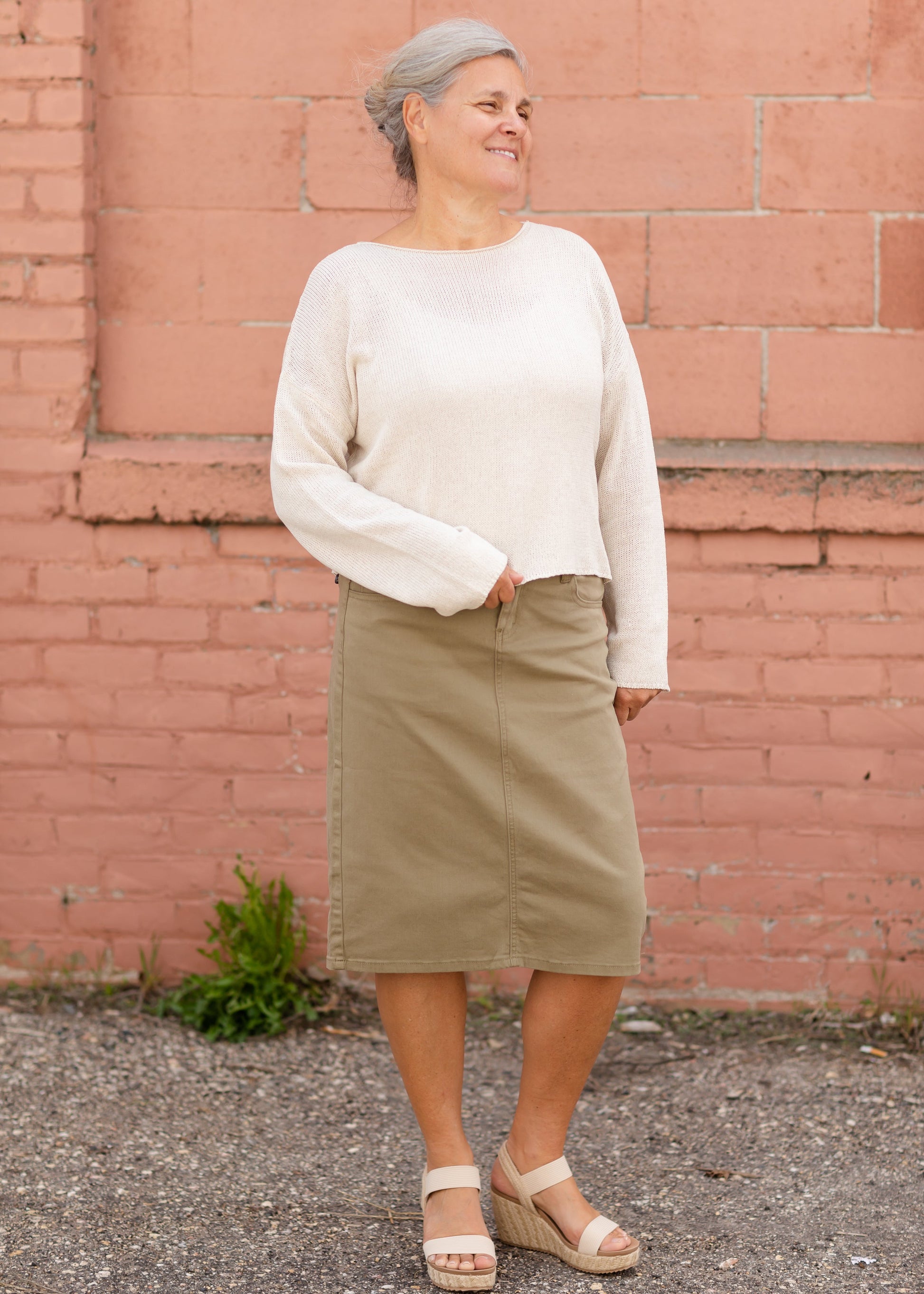 Remi Moss Olive Denim Midi Skirt Skirts