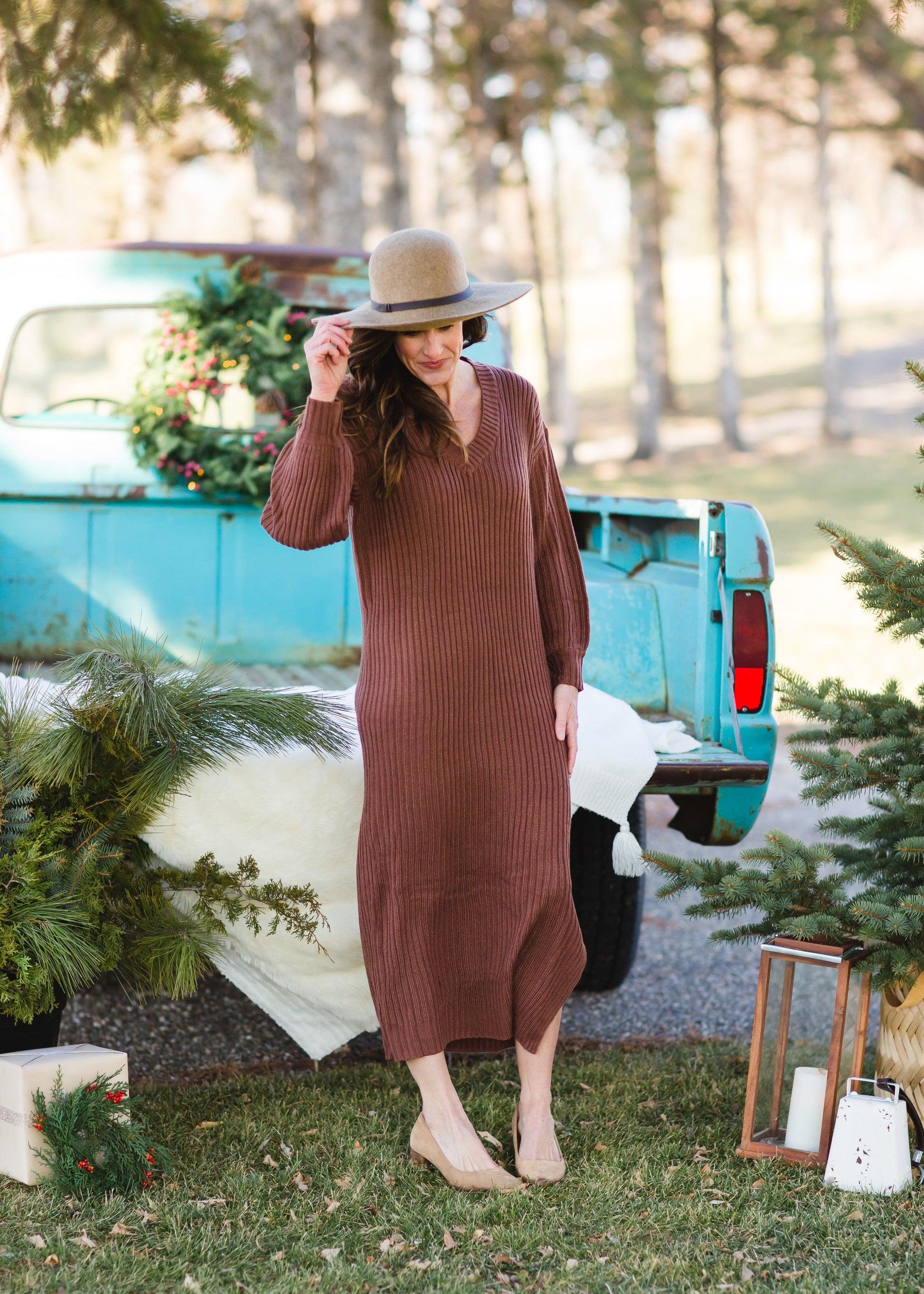 Ribbed V-neck Long Sleeve Sweater Dress - FINAL SALE Dresses