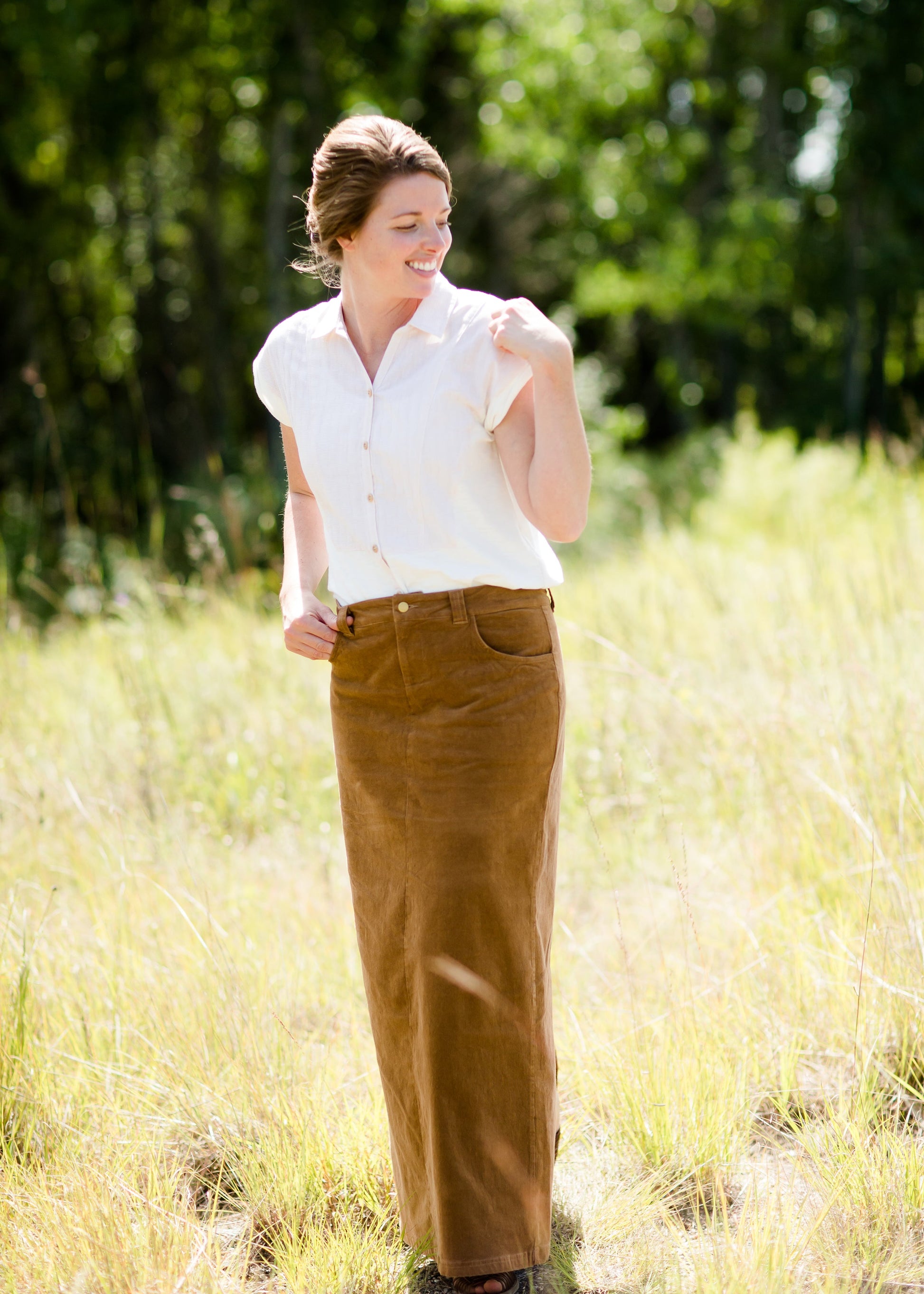 Women's button up modest cream and tan top 