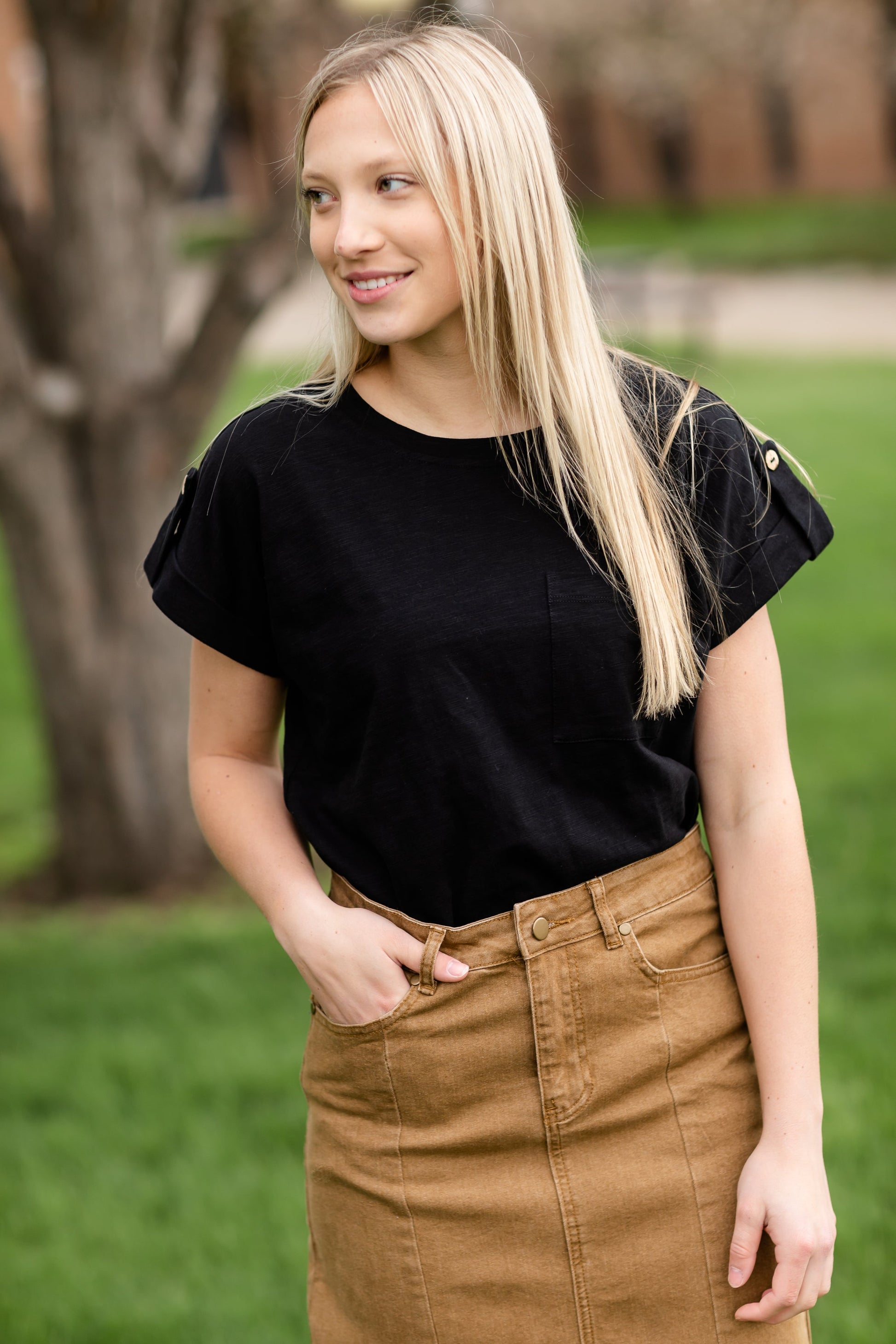 Rolled Short Sleeve With Button Detail Tops