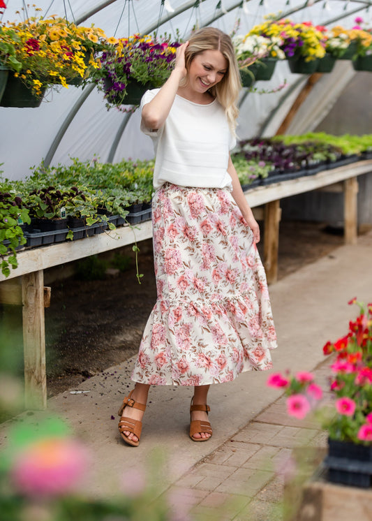 Rose Floral Elastic Waist Midi Skirt - FINAL SALE Skirts