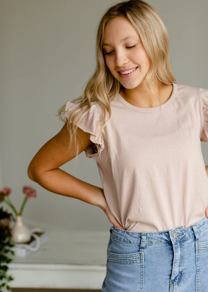 Rose Taupe Flutter Sleeve Top - FINAL SALE Tops