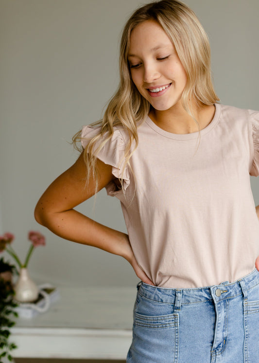 Rose Taupe Flutter Sleeve Top - FINAL SALE Tops