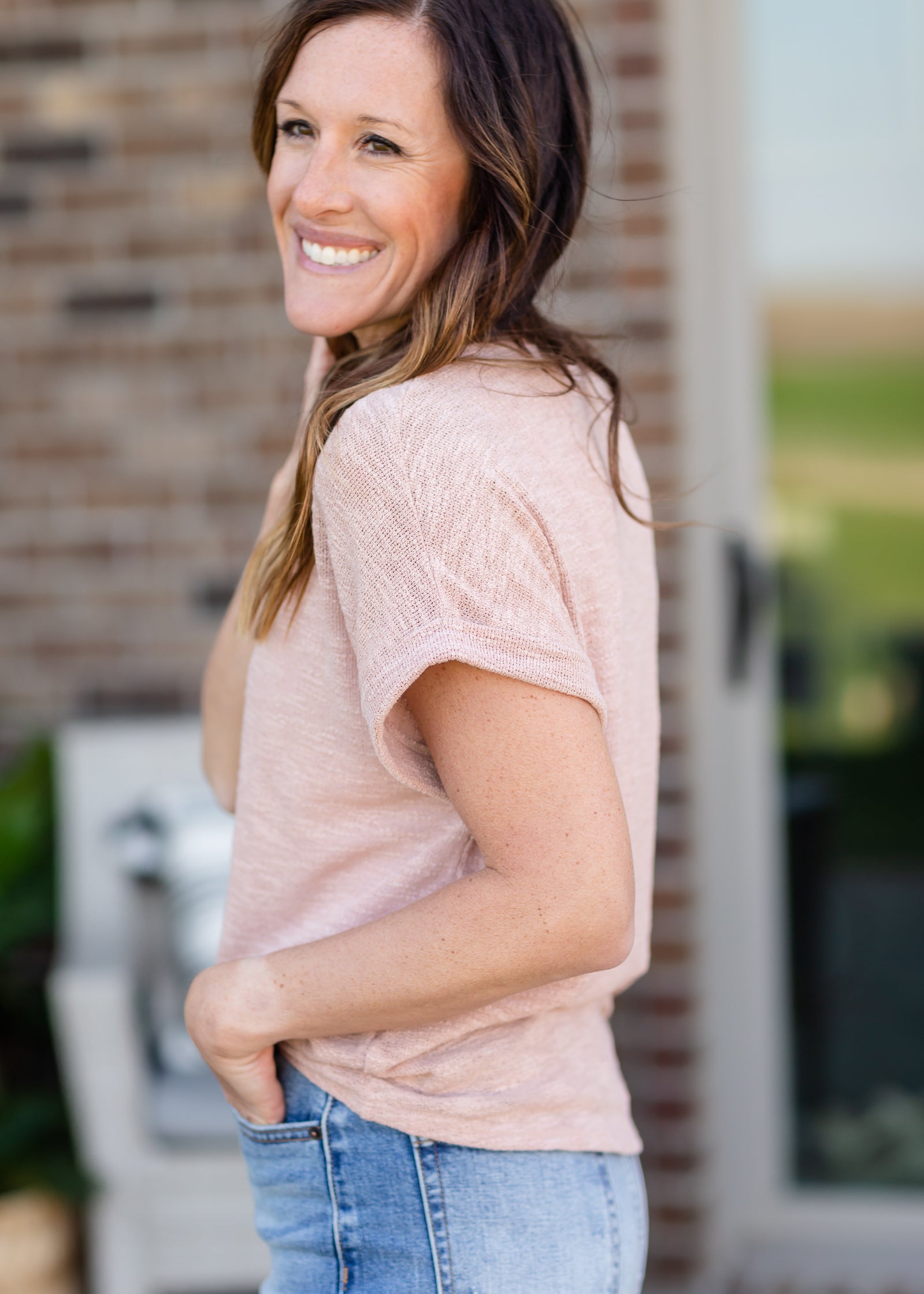 Round Neck Cuffed Sleeve Top Tops