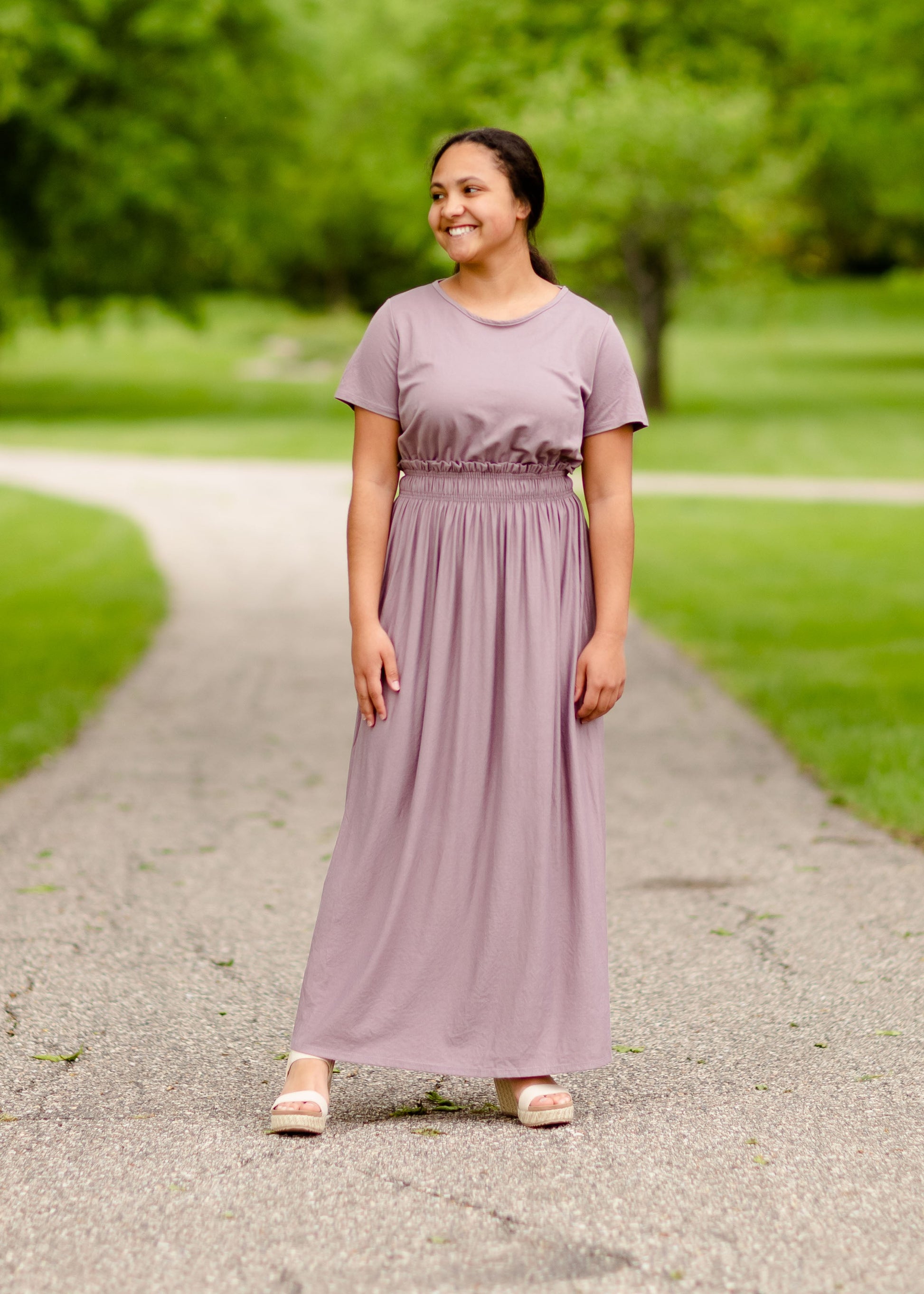 Round Neck Smocked Waist Maxi Dress Dresses Plum / S