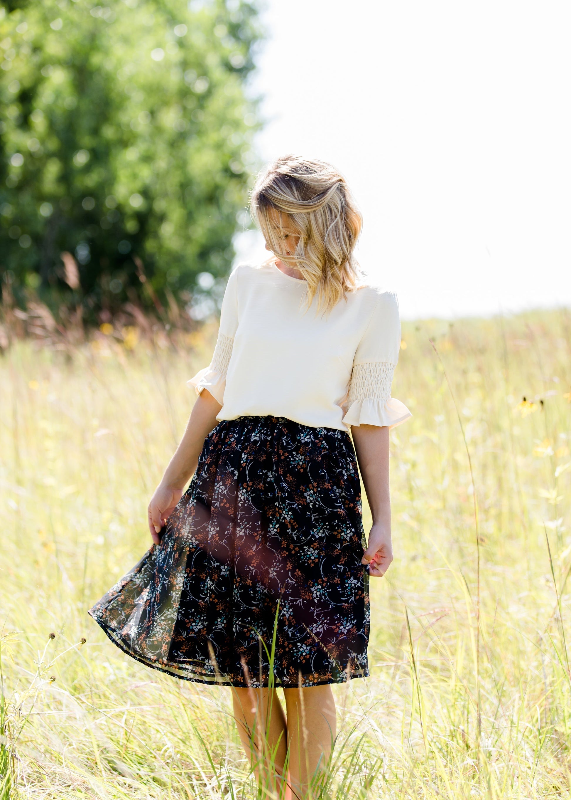 ivory gathered sleeve 3/4 blouse