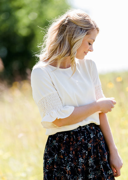 ivory gathered sleeve 3/4 blouse