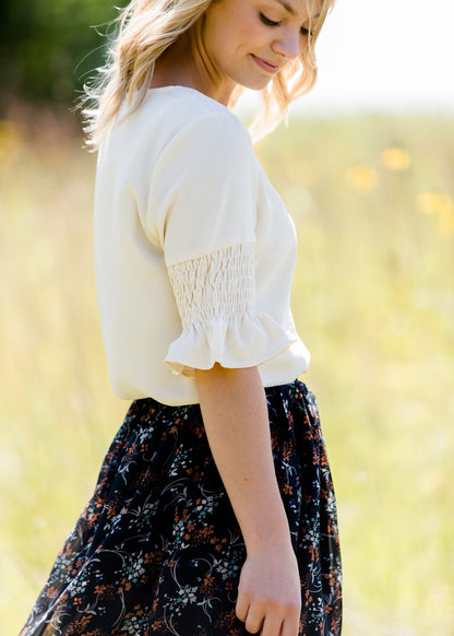 ivory gathered sleeve 3/4 blouse