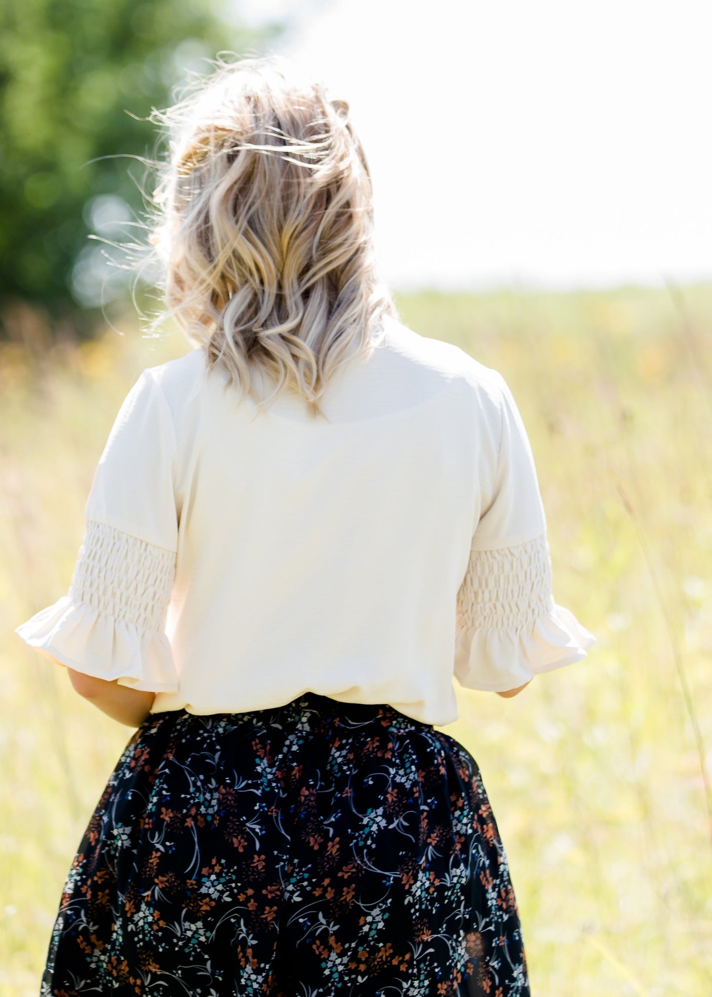 ivory gathered sleeve 3/4 blouse