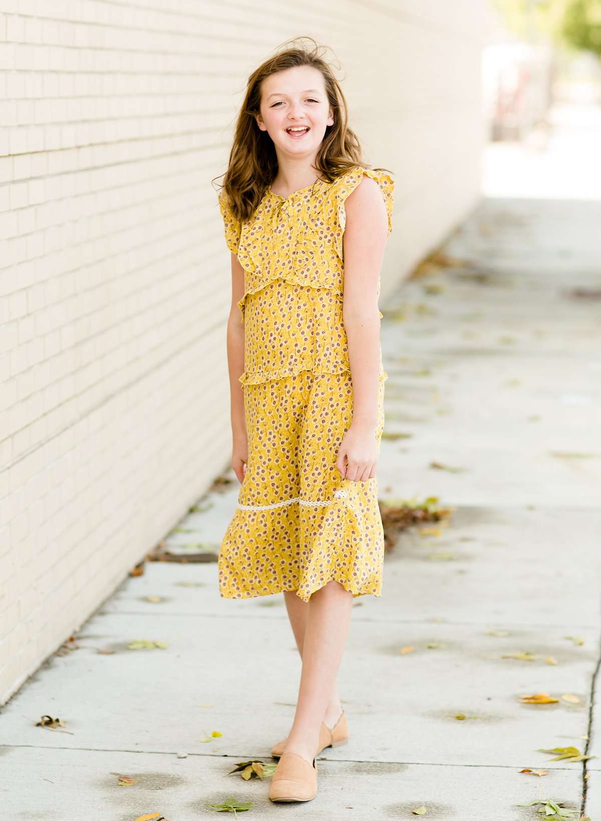 Modest girls and conservative teens mustard floral midi dress