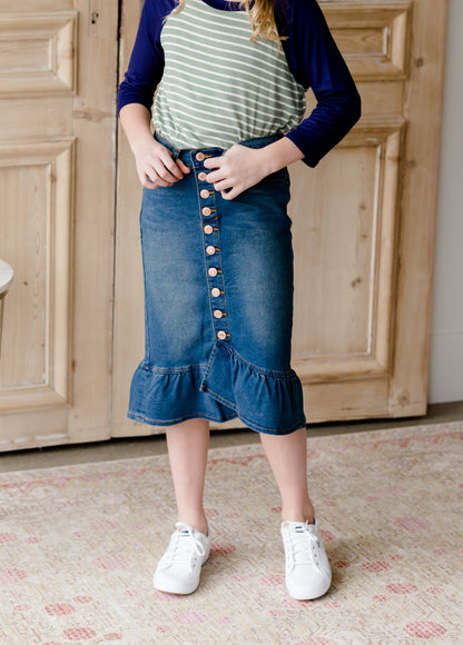 Ruffle Button Denim Jean Midi Skirt - FINAL SALE Skirts