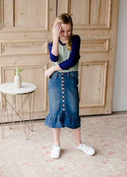 Ruffle Button Denim Jean Midi Skirt - FINAL SALE Skirts