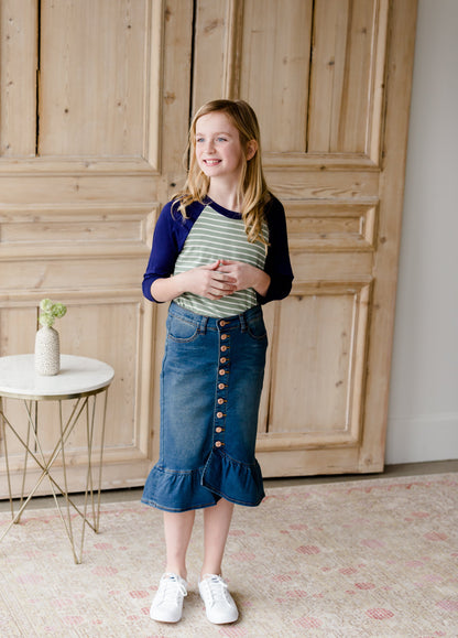 Ruffle Button Denim Jean Midi Skirt - FINAL SALE Skirts