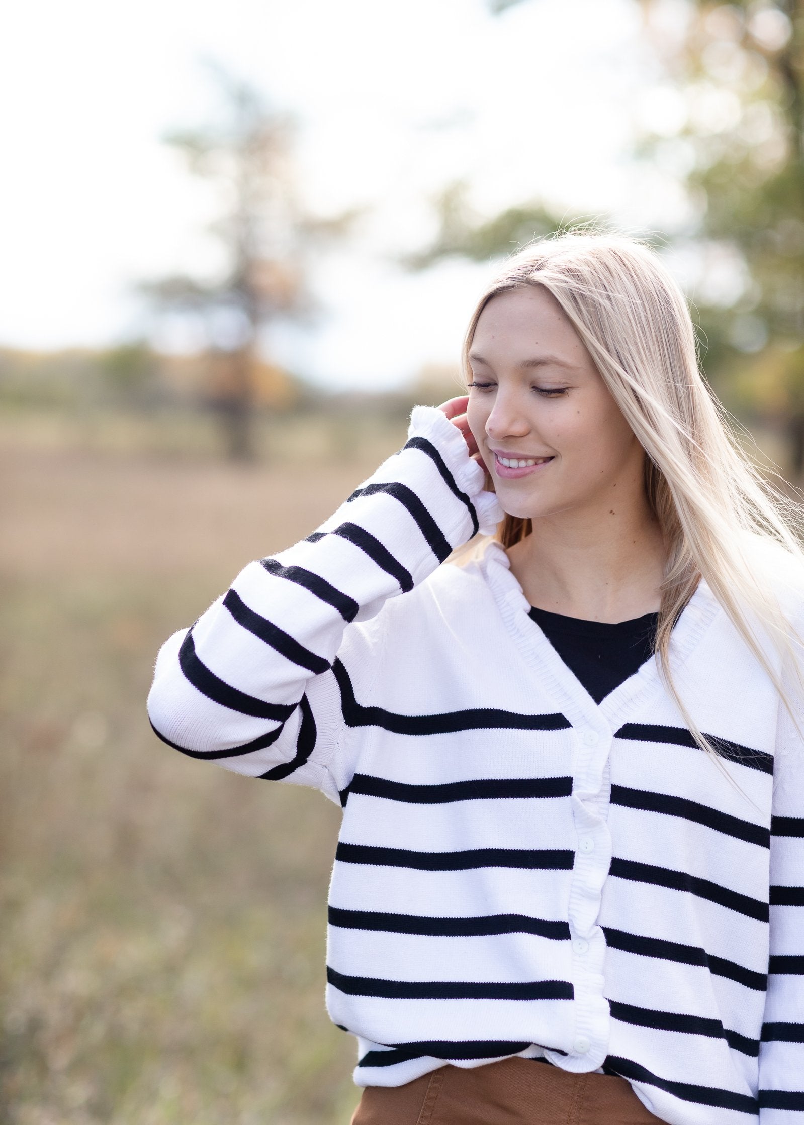 Ruffle Hem Detail Striped Cardigan Tops Mazik