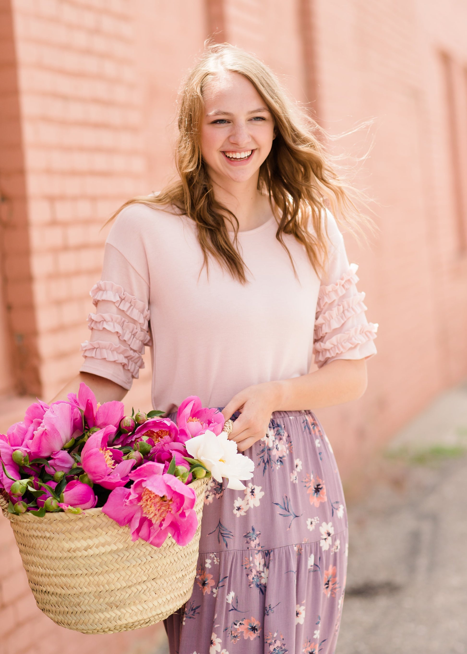 Women's Blush Pink Ruffle Sleeve Top