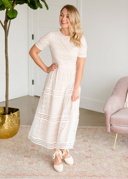 Ruffle Neck Ivory Lace Tiered Midi Dress - FINAL SALE Dresses