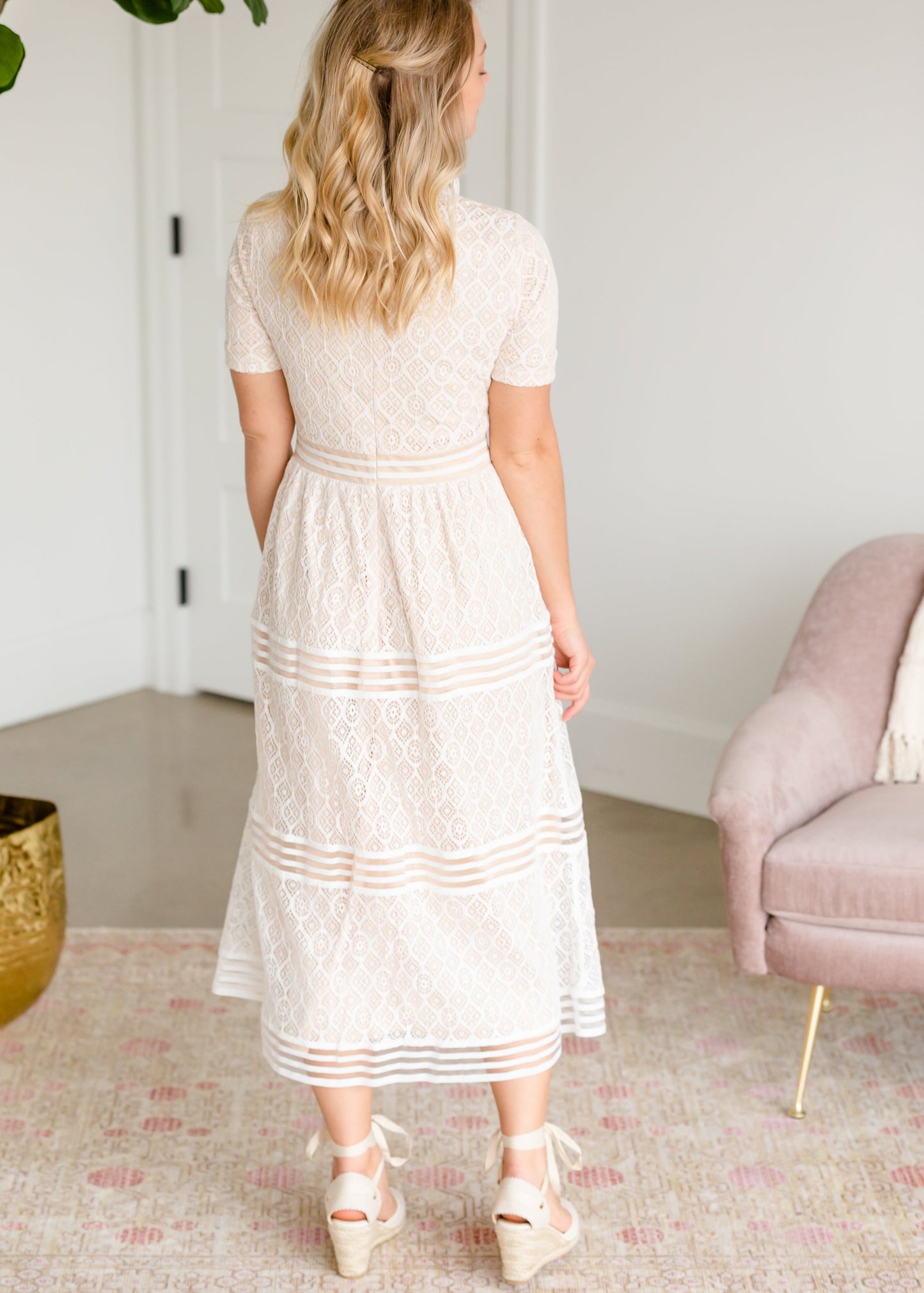 Ruffle Neck Ivory Lace Tiered Midi Dress - FINAL SALE Dresses