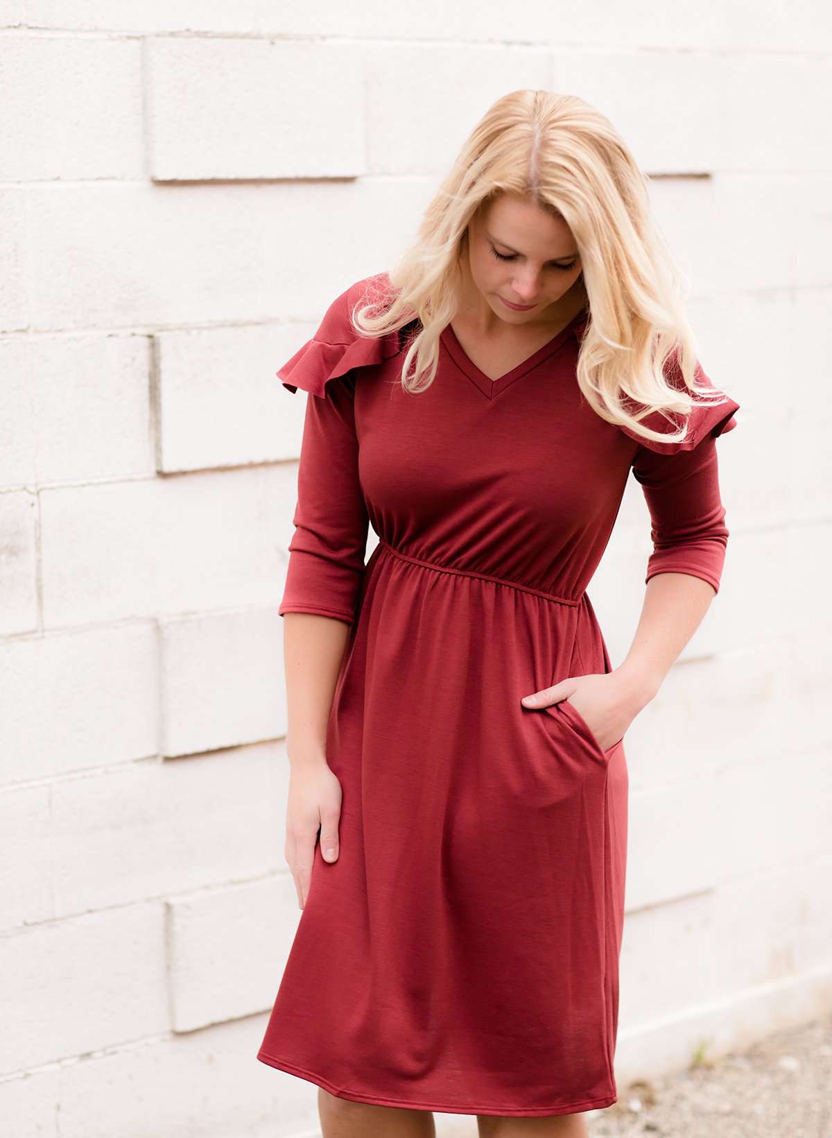 Red Ruffle Midi Dress Modest Women's Clothing