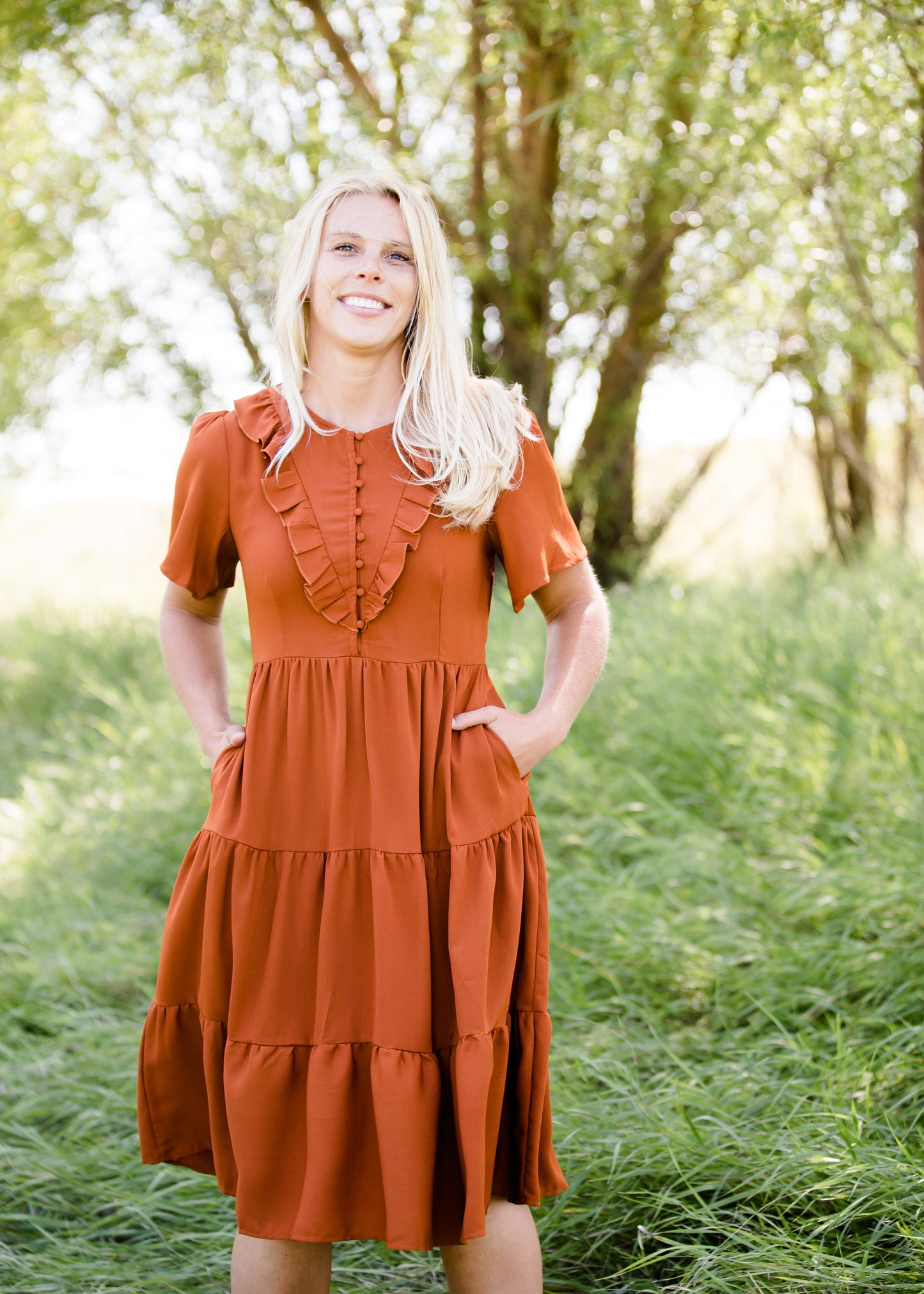 orange ruffle tiered midi dress