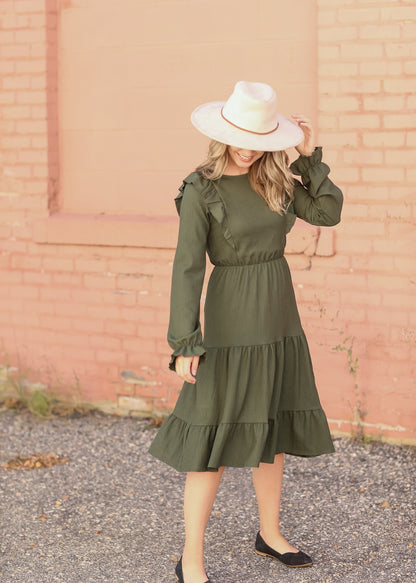 Ruffle Tiered Layered Long Puff Sleeve Midi Dress Dresses Orange Creek