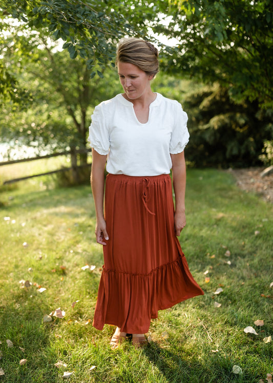 Ruffled Knit Elastic Waist Midi Skirt Skirts Hayden