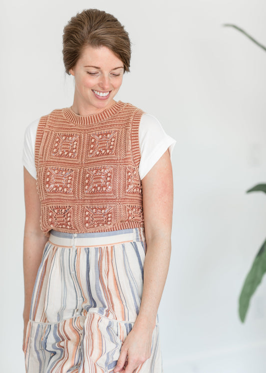 Rust Crochet Sleeveless Blouse Tops