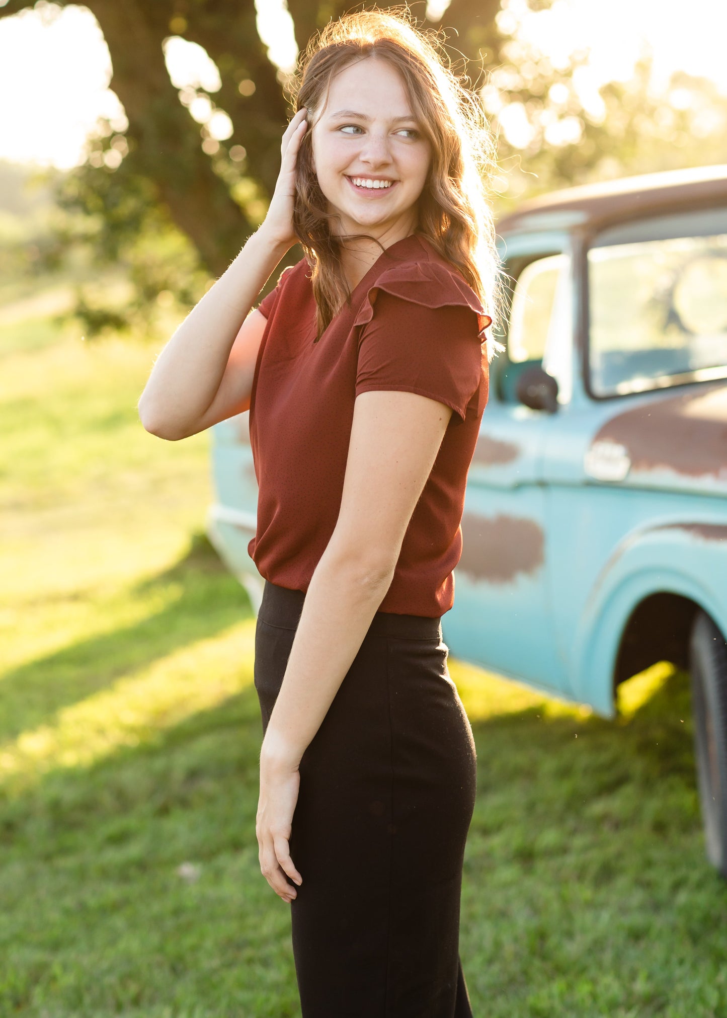 Rust Dotted Flutter Sleeve Blouse - FINAL SALE Tops