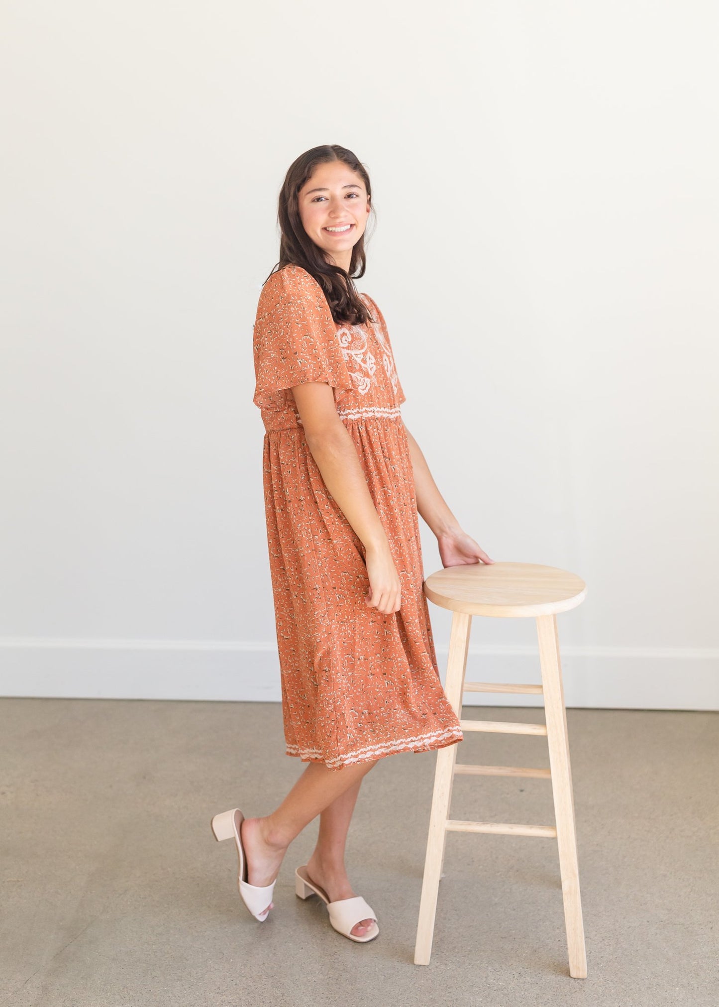 Rust Embroidered Flutter Sleeve Midi Dress Dresses Polagram