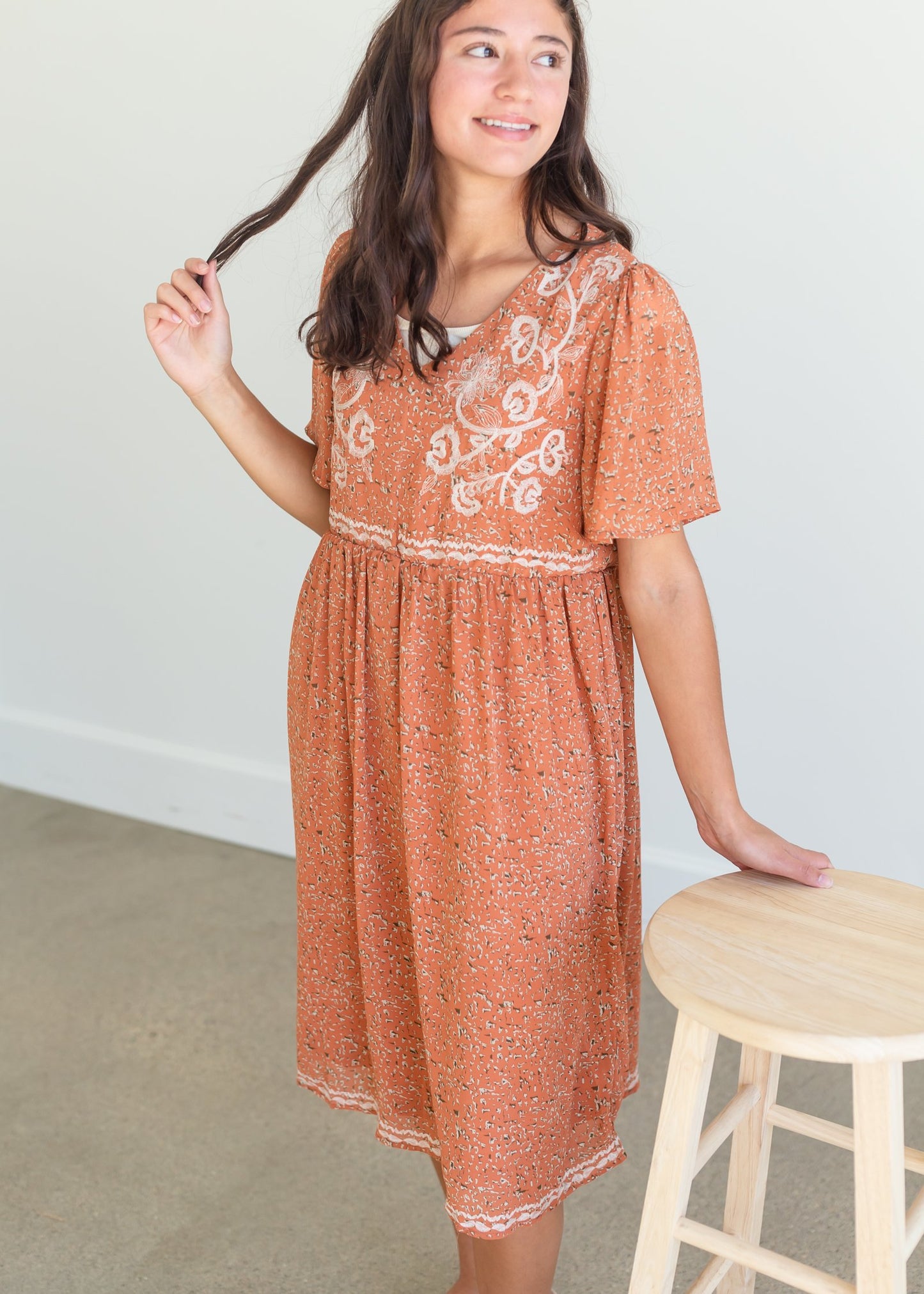 Rust Embroidered Flutter Sleeve Midi Dress Dresses Polagram