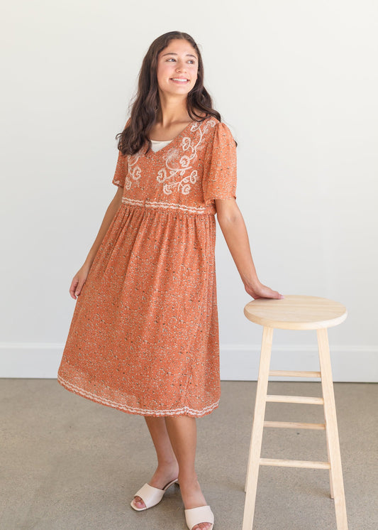 Rust Embroidered Flutter Sleeve Midi Dress Dresses Polagram