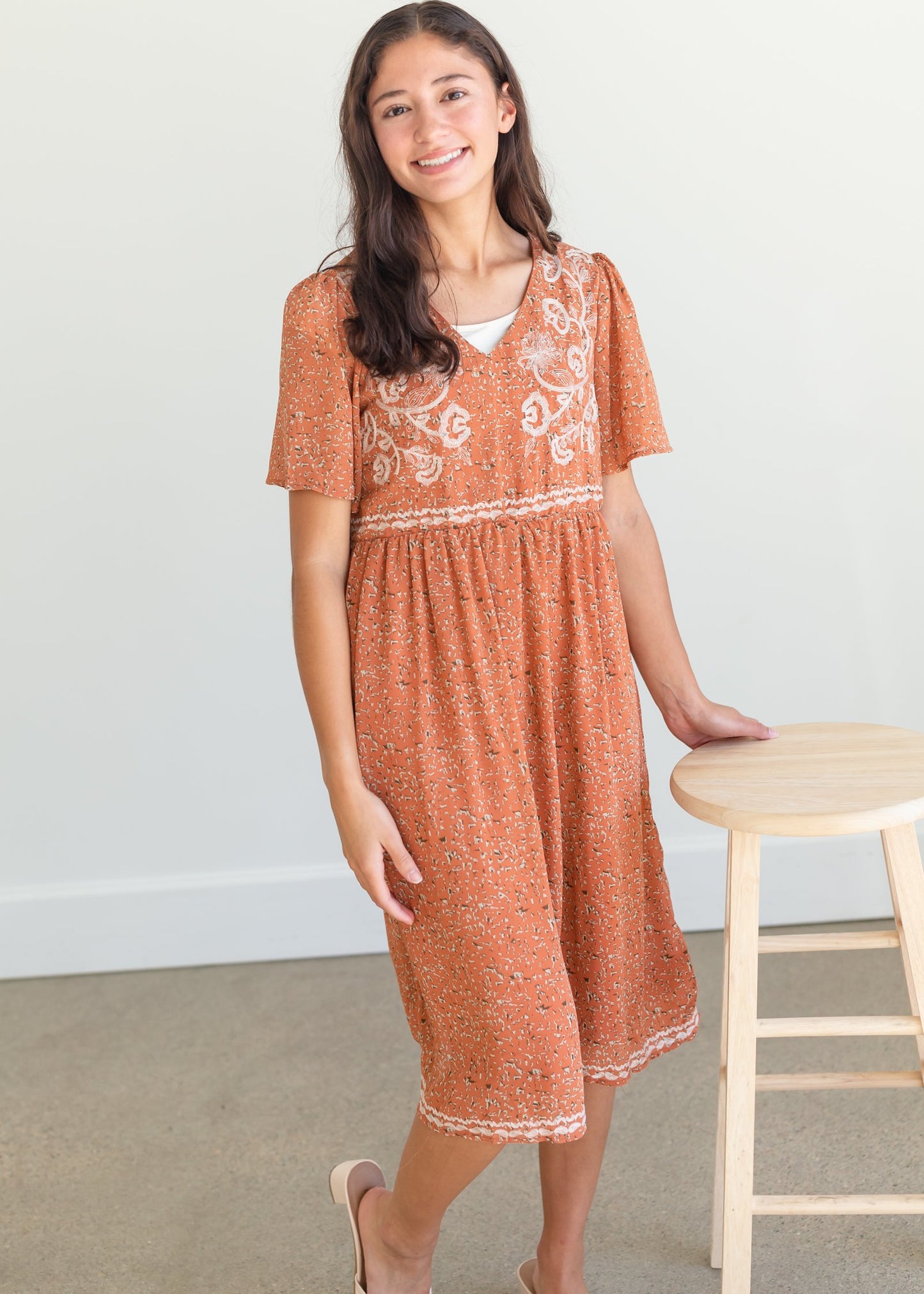 Rust Embroidered Flutter Sleeve Midi Dress Dresses Polagram