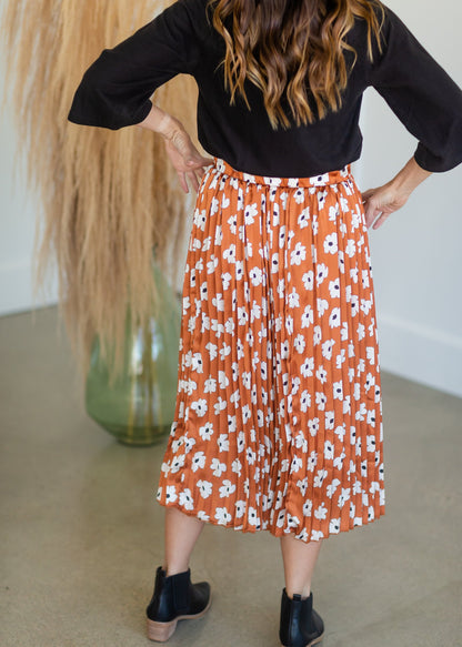 Rust Floral Print Pleated Midi Skirt Skirts Polagram + BaeVely