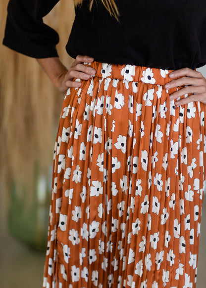 Rust Floral Print Pleated Midi Skirt Skirts Polagram + BaeVely