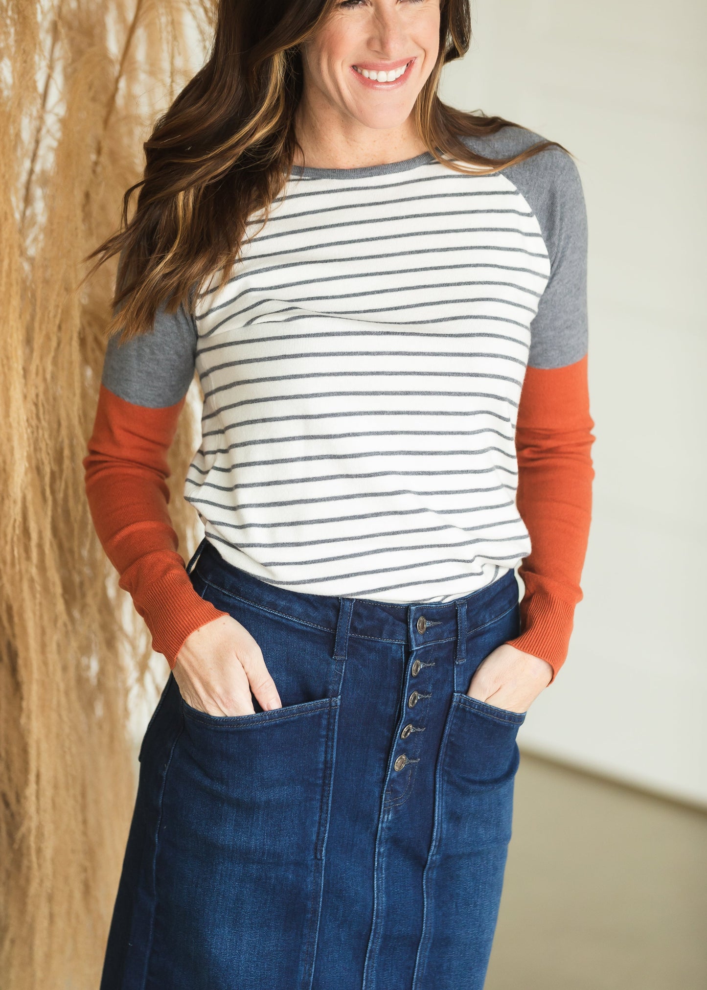 Rust Sleeve Striped Raglan Top Tops