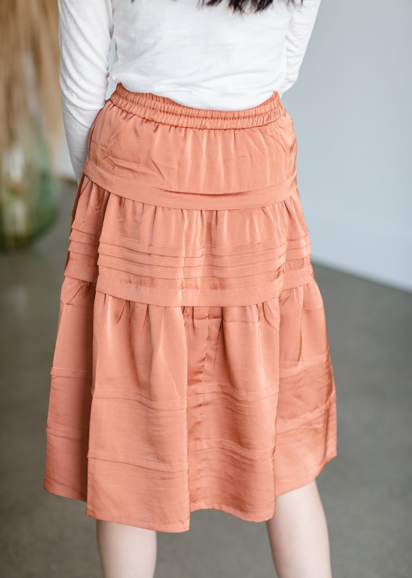 Satin Ruffle Tiered Midi Skirt Skirts Pinch