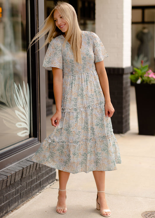 Short Sleeve Tiered Midi Dress With a Smocked Bodice Dresses