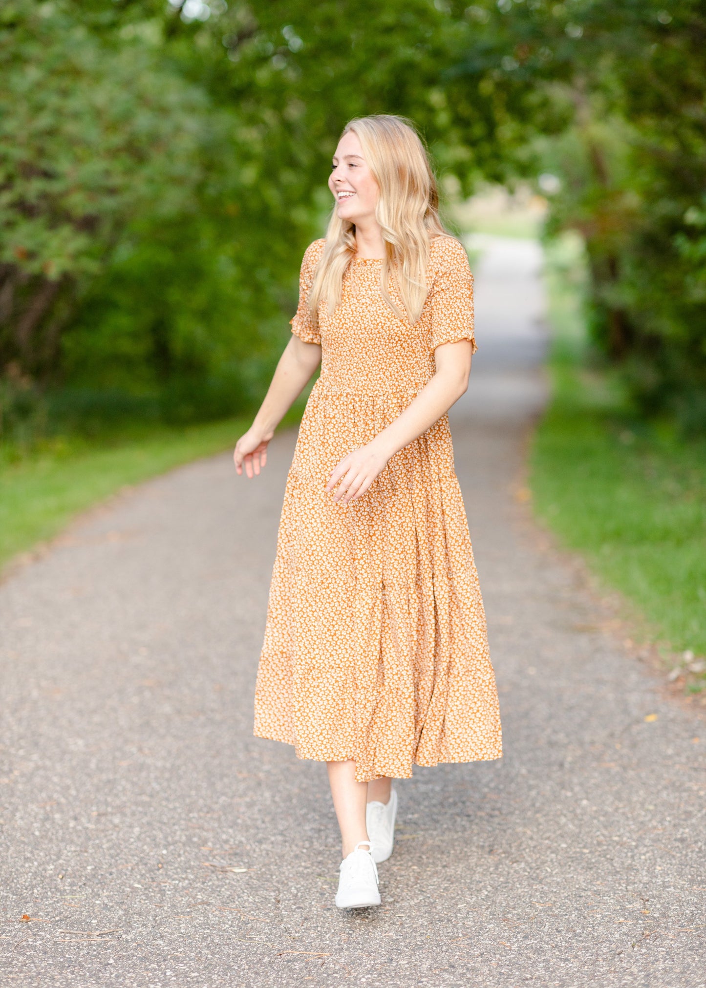 Smocked Bodice Ditsy Print Midi Dress Dresses Orange Creek/Tea N Rose