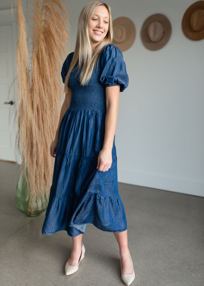 Smocked Bodice Puff Sleeve Tiered Denim Midi Dress Dresses Given Kale