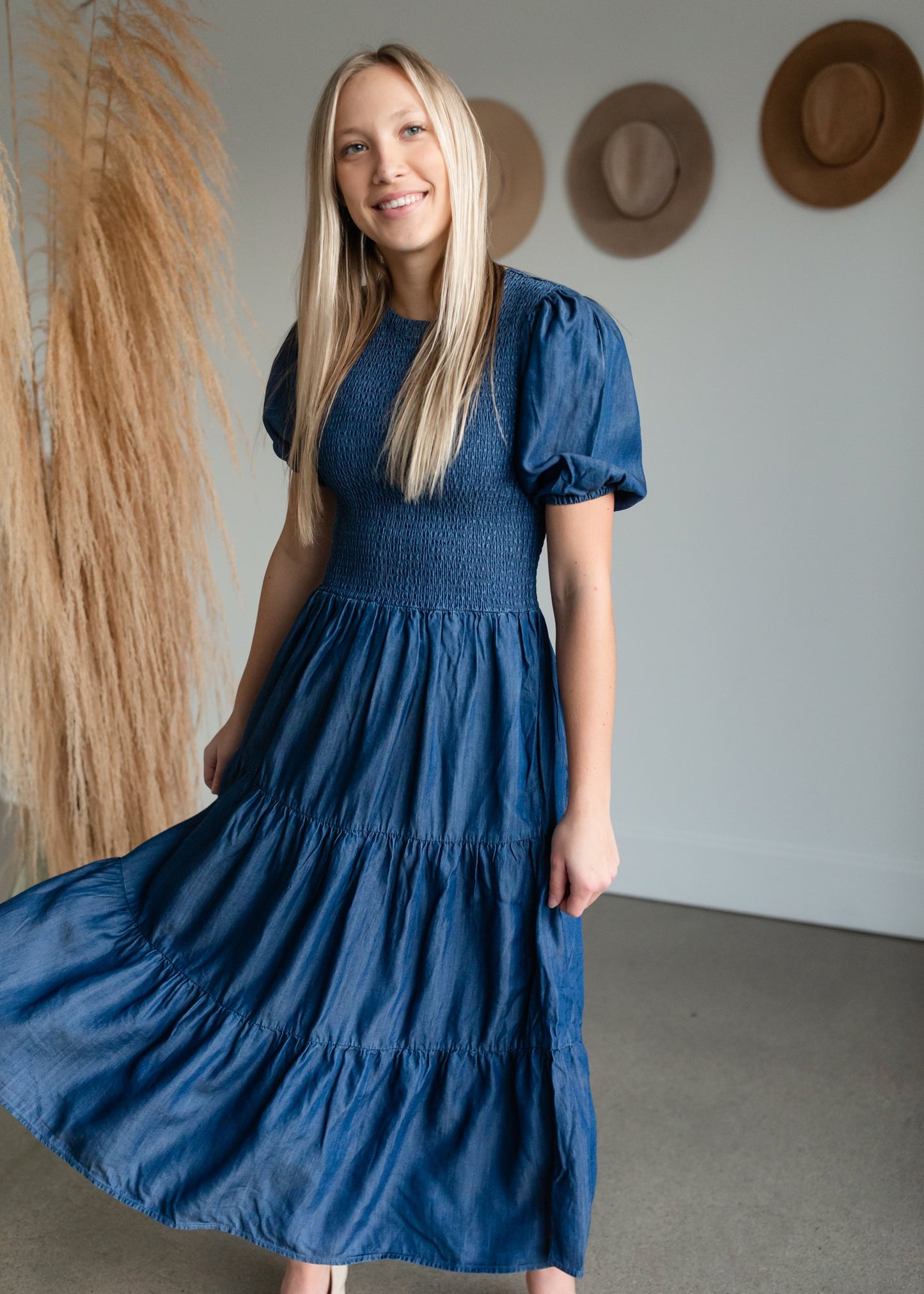 Smocked Bodice Puff Sleeve Tiered Denim Midi Dress Dresses Given Kale