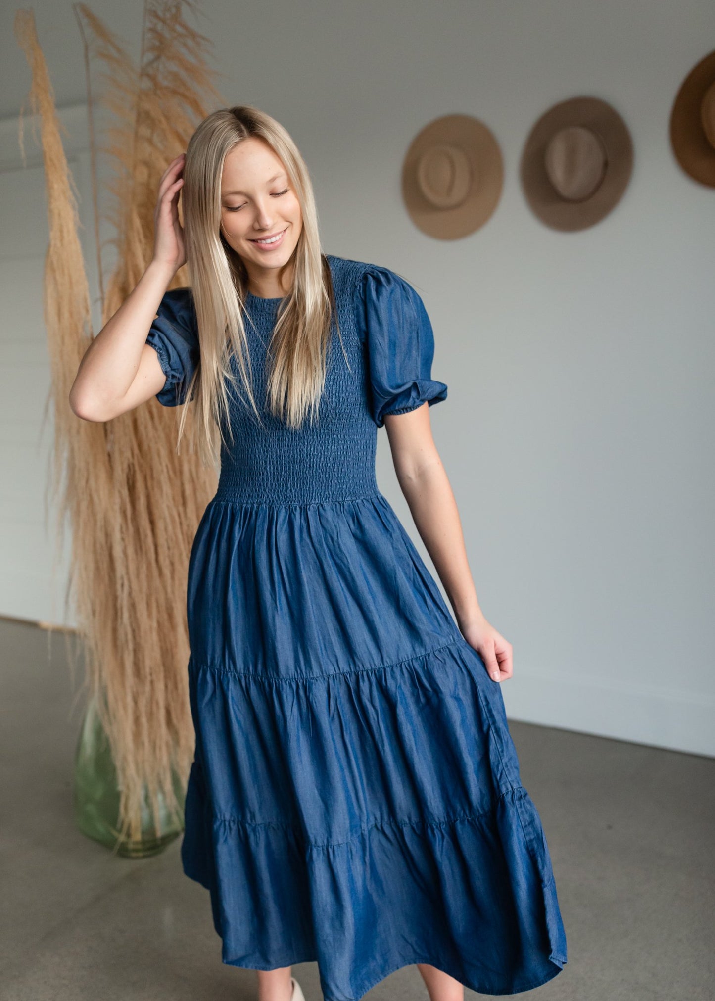 Smocked Bodice Puff Sleeve Tiered Denim Midi Dress Dresses Given Kale