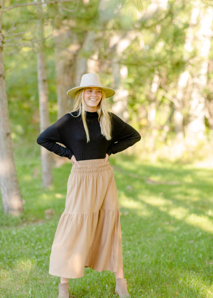 Smocked Waist Camel Maxi Skirt Skirts Tres Bien